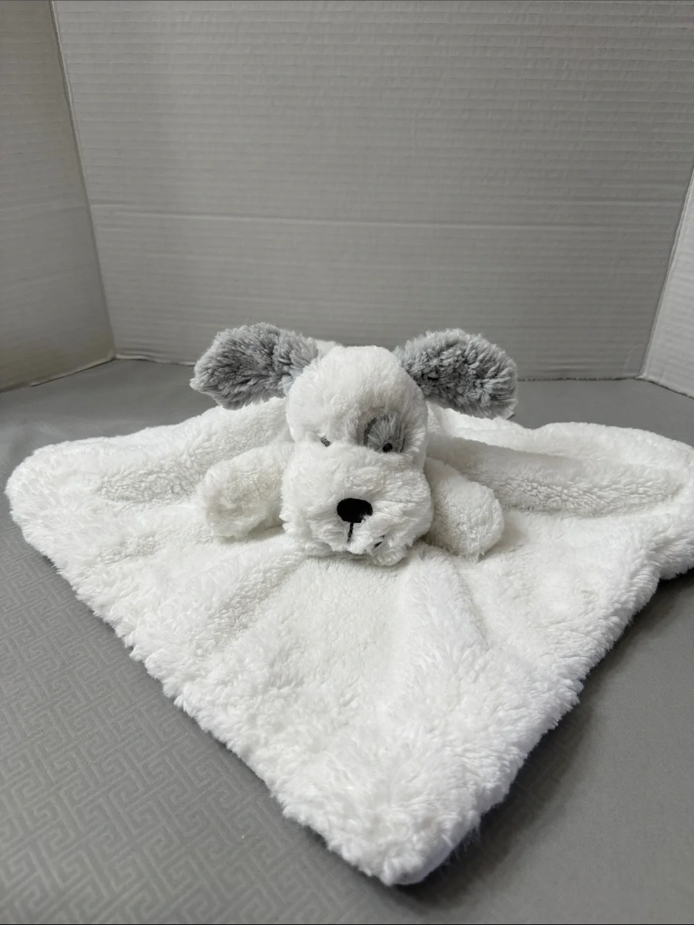 Koala Kids White & Gray Puppy Lovey Fluffy Plush Security Blanket with Rattle